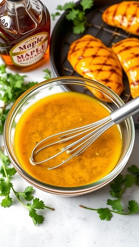 A bowl of maple mustard marinade with herbs and chicken marinating for grilling.